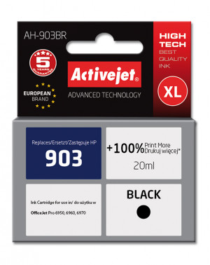 Activejet AH-903BR Tusz do drukarki HP, Zamiennik HP 903 T6L99AE; Premium; 20 ml; czarny. Drukuje więcej o 100%.