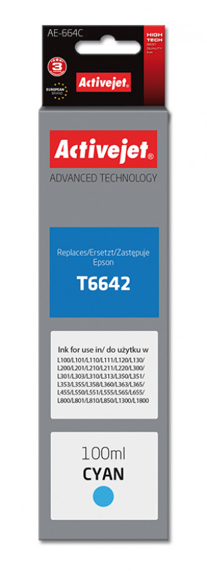 Activejet AE-664C Tusz do drukarki Epson, Zamiennik Epson T6642; Supreme; 100 ml; błękitny.