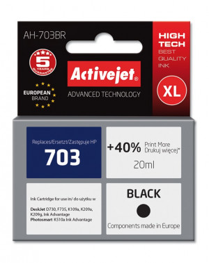 Activejet AH-703BR Tusz do drukarki HP, Zamiennik HP 703 CD887AE; Premium; 20 ml; czarny. Drukuje więcej o 40%.