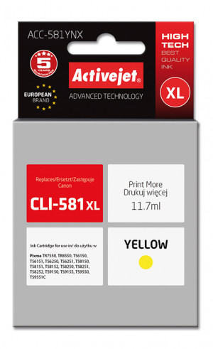 Activejet ACC-581YNX Tusz do drukarki Canon, Zamiennik Canon CLI-581XLY; Supreme; 11,70 ml; żółty.