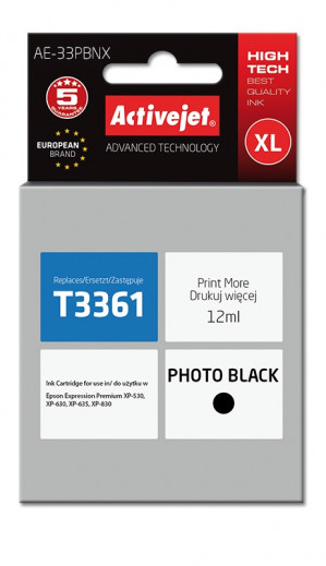 Activejet AE-33PBNX Tusz do drukarki Epson, Zamiennik Epson 33XL T3361; Supreme; 12 ml; czarny fotograficzny).