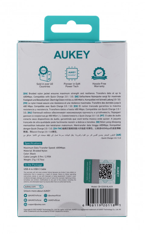 AUKEY CB-CD30 KABEL USB-C QC PD 0.9M 3A NYLON - Galeria zdjęcie 11